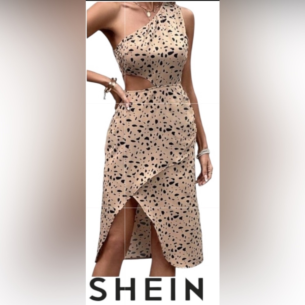 ONE SHOULDER DRESS DALMATIAN PRINT CUT OUT MIDI SHEIN
